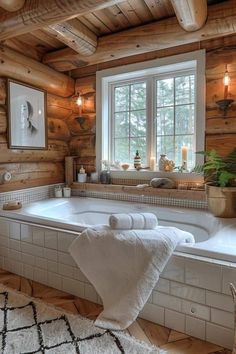 a bathroom with a large tub and wooden walls