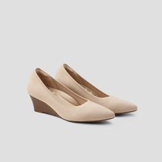 Aria Pointed-Toe Wedge in Almond-Sustainable & Washable | VIVAIA Formal Wedge Sandals With 4-inch Heel And Pointed Toe, Beige Wedge Heels With 4-inch Heel, Brown Closed Toe Wedge Sandals With 4-inch Heel, Synthetic Pointed Toe Wedge Sandals With 4-inch Heel, Outsole Design, Chic Slip-on Wedge Sandals With Woven Sole, Arch Support, Wedges, Almond