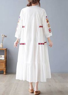 New White V Neck Embroidered Cotton Long Dresses SpringFabric: Cotton BlendedSize & Fit: Fit: This garment fits true to size.Length: Size M measures 45.63"from shoulder to hemBust: Great for any cup size. Waist: Loose Fit. Comfortable room throughout midsection.Hip: Loose Fit - room for hips. Hand Wash Cold. Casual Long Floral Embroidery Dresses, White Long Sleeve Embroidered Cotton Dress, White Long Sleeve Dress With Embroidered Hem, Long Sleeve Embroidered Dress With Geometric Design, White Long Sleeve Dress With Floral Embroidery, Long Sleeve Embroidered Dress With Geometric Embroidery, Long Embroidered Dress With Geometric Embroidery, Casual Long Sleeve Dress With Floral Embroidery, Casual Long Sleeve Floral Embroidered Dress