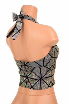 "This item is made to order, please read all the way through the listing before purchasing! This adorable silver on black cracked tile halter top ties behind the neck and back for a perfect fit! Darted cups, a wide band below the bust, and a gorgeous rainbow sheen! Extra Small: Bust 31\"-32\" / Waist 24\"-25\" / Hips 33\"-35\" Small: Bust 33\"-34\" / Waist 26\"-28\" / Hips 36\"-37\" Medium: Bust 35\"-37\" /Waist 28\"-31\" / Hips 38\"-40\" Large: Bust 39\"-41\" / Waist 32\"-34\"/ Hips 41\"-43\" E Black Halter Top For Party With Tie Back, Black Halter Top With Tie Back For Party, Black Tie Back Halter Top For Party, Fitted Sequin Halter Neck Top, Sequined Fitted Halter Neck Top, Party Stretch Halter Top With T-back, Stretch T-back Halter Top For Party, Fitted T-back Halter Top For Festival, Silver Fitted Sleeveless Halter Top