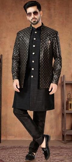 Black and Grey color Kurta Pyjama with Jacket in Silk fabric with Embroidered, Sequence, Thread work Luxury Fitted Black Nehru Jacket, Kurta Pyjama With Jacket, Kurta Pyjama, Eid Special, Wedding Black, Thread Work, Black Wedding, Grey Color, Jacket Style