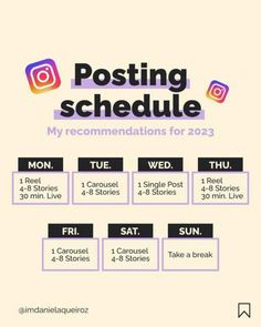 the poster for posting schedule is shown in purple and black, with an instagramtion