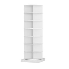 a tall white shelf with five shelves on each side and one section open to show the bottom