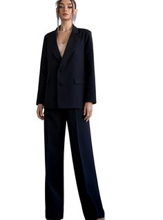 2-piece womens blazer trouser suit for office, business meetings, formal events and special occasions DETAILS -  straight long pants -  high rise -  blazer is buttoned -  blazer is characterized by uneven bottom: back is longer than the front part -  lined -   MATERIAL Premium quality suiting fabric, which consists of viscose mostly and a bit of polyester and elastane SIZES The models in photos are wearing a size S (4) Available in 4 sizes: 2 US numeric  BUST 32-34 inches or 82-86 cm WAIST 23-24 Sleek Business Pantsuit With Lapel Collar, Sleek Pantsuit With Lapel Collar For Business, Sleek Notch Lapel Pantsuit For Work, Office Lady Notch Lapel Pantsuit For Business Meetings, Office Lady Pantsuit With Notch Lapel For Business Meetings, Sleek Office Wear Pantsuit With Suit Collar, Sleek Pantsuit With Suit Collar For Office, Professional Single Breasted Pantsuit For Office, Professional Business Casual Pantsuit With Lapel Collar