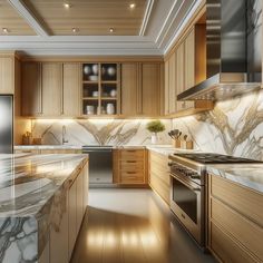 a modern kitchen with marble counter tops and wooden cabinetry, along with stainless steel appliances