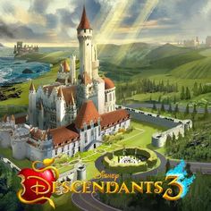 an animated image of a castle surrounded by green hills and blue water with the words descends 3 on it