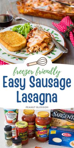 an easy sausage lasagna recipe on a plate with sauces and seasonings