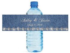 a water bottle with a blue label on it that says, wedding and special occasion