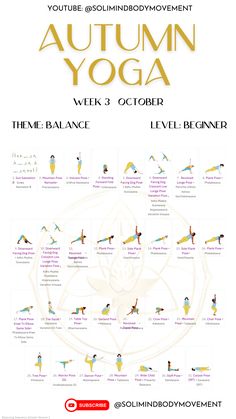 the autumn yoga poster is shown in gold and white, with an image of people doing different