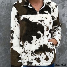 Olivia Mark - Women's Sweatshirt Women's Casual Cow Print Long Sleeve Pullover Cow Print Sweatshirt, Sweatshirt Women Casual, Zip Collar, Fall Winter Wardrobe, Fuzzy Sweater, Cow Pattern, Turndown Collar, Cow Print, Long Sleeve Casual