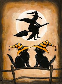 two black crows wearing witches hats and sitting on a fence with the moon in the background