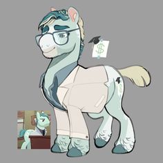 the pony is wearing glasses and standing next to a desk