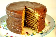 a chocolate layer cake with one slice cut out