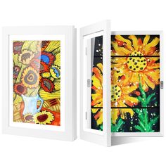 an open white box with colorful paintings on the front and back sides, including sunflowers