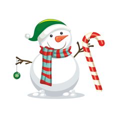 a snowman is holding a candy cane