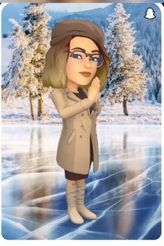 an animated woman standing in the snow with her hand on her face and wearing glasses