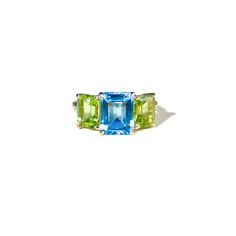 Fortune 14K Gold Diamond Topaz Peridot Swiss Blue Green Triple Gemstone Three Stone Ring  Metal: 14k Solid Yellow Gold Au585 stamped, not gold-filled or plated Gemstone: Natural Topaz (Swiss Blue), Peridot Natural Topaz: 3.40ct Natural Peridot: 2.00ct Topaz Size: 9*7mm Peridot Size: 7*5mm Natural Diamond: 0.03ct The three stones in a three stone ring tell the story of a couple's past, present, and future. The center stone, Swiss Blue Topaz, is an empathetic stone used to build the bridge between two hearts. The two olive green Peridots can open the heart chakra and bring healing energy to the wearers.  Only 5 3/4 US size is in stock. Other sizes will take 1-2 weeks to make and ship.  ▶ See the Topaz Peridot Baroque Pearl Earrings to match this Ring: https://kaifinejewelry.etsy.com/listing/ Diamond Three Stone Ring, Baroque Pearl Earrings, Three Stone Ring, Green Peridot, Healing Energy, Swiss Blue Topaz, Two Hearts, Ring Metal, Three Stone Rings