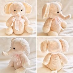 four pictures of a crocheted elephant with pink ribbon around its neck and tusks