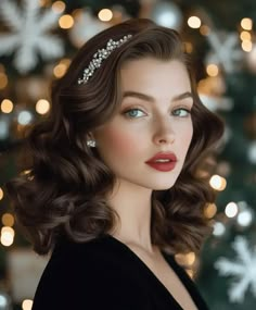 Hollywood Waves Wedding Tiara, 40s Hollywood Hair, Old Hairstyles Vintage Curls, Hollywood Waves With Headband, Old Hollywood Glamour Hair, Glamour Curls, Old Hollywood Christmas, Server Profile, Old Hollywood Hairstyles