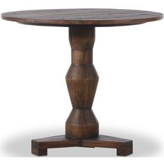 a round wooden table with two legs and a circular wood top, on an isolated white background