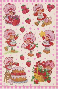 strawberry shortcakes stickers on a pink and white checkered background