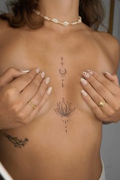 Lotus On Chest Tattoo, Fairy Tattoo For Women, Lotus Sternum Tattoo Women, Tattoo Between Breast Women, Pretty Sternum Tattoo, Geometric Sternum Tattoo, Underboob Sternum Tattoo, Chest Tats For Women, Female Sternum Tattoo