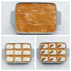 four images show how to make peanut butter squares in the oven and then bake