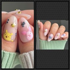 Pooh Nails Disney, Nail Inspo Cartoon, Cute Animal Nail Art Designs, Elemental Nails Disney, Disney Nails Natural, Cartoon Inspired Nails, Dental Nails, Winnie The Pooh Nail Designs, Winnie Pooh Nails