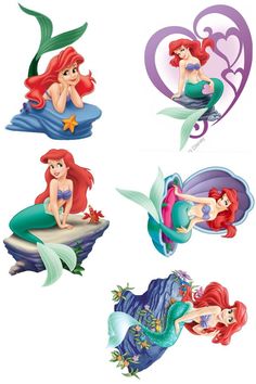 the little mermaids are sitting on top of each other in their respective positions and colors