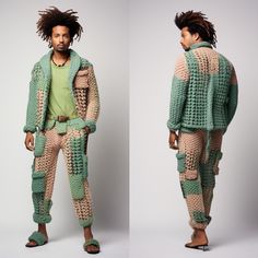 "* This is what happens when you tell your knitting team \"knit something cool, something futuristic\" and here we go! You can wear these Green Crochet Cardigan or if you are stylish enough, anywhere! * Crafted using a combination of crocheting and patchworking techniques.  * It's a great gift; it's probably suitable for festivals and Burning Man and as a great gift for boyfriends and husbands! SIZE and MEASUREMENTS - The model in the picture is wearing L size. The model is 1.90 and 78 kilos. PERSONALIZATION - Note that everything at Smyrna Collective is handmade individually by our creators. So we can do any Size / Design / Color customization that you like! Extra charge difference is applied for orders over L size. CARE - All items should be washed with cold or warm water on hand or wash Granny Square Pants, Patchwork Trousers, Handmade Cardigan, Cardigan Handmade, Knitted Pants, Crochet Pants, Cardigan Green, Square Pants, Cardigan Crochet