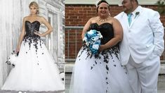 two people in formal wear standing next to each other and posing for the same photo