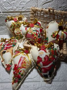 christmas ornaments are arranged in a basket on the floor