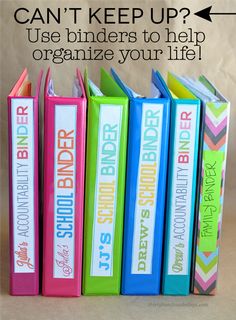 a stack of books with the title can't keep up? use binders to help organize your life