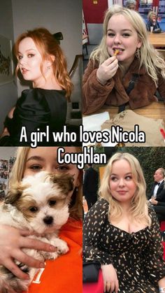 four different pictures with the same woman holding a small dog and one has a toothbrush in her mouth