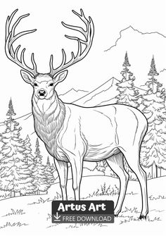 an adult deer with antlers standing in front of trees and mountains, coloring book page