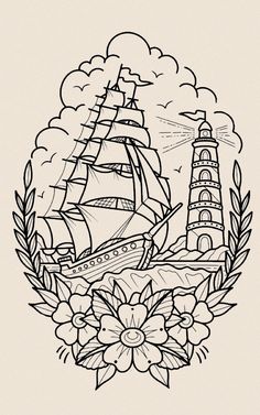 a black and white drawing of a ship in the ocean with flowers on it's side