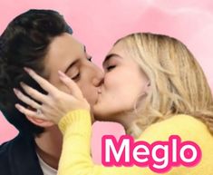 a man and woman kissing each other in front of a pink background with the words megalo on it