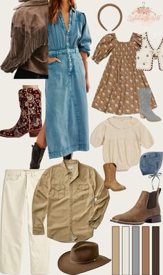 a collage of clothing and accessories including boots, hats, jeans, jackets, pants