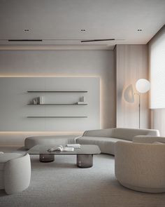 an image of a living room setting with white furniture and lighting on the walls,