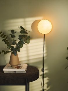 a lamp that is on top of a table next to a book and some plants