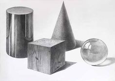 pencil drawing of various shapes and sizes of objects including a ball, cone, and cylinder