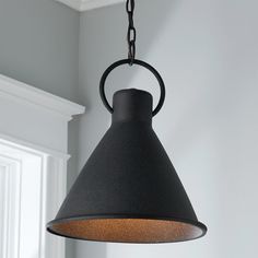 a black light fixture hanging from a ceiling in a room with gray walls and white trim