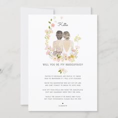 a wedding card with the words will you be my bridesmaid?