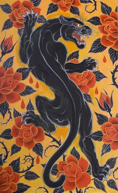 a painting of a black panther surrounded by red roses and orange flowers on a yellow background