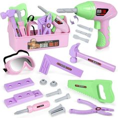 a pink and green tool set with tools in it