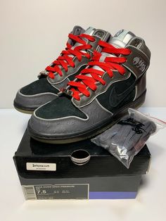 Welcome eBayers! Up for auction:  Model: Nike Dunk High Premium SB "MF DOOM" Size: Men's US 7.5 UK 6.5 Release Date: 7/24/2007 Color: Black/Black-Midnight Fog Product Code: 313171-004 Description: They are in EXCELLENT condition. Uppers are still in AMAZING condition for a sneaker that is over 10 years old. There is some discoloration on the soles from age. Please refer to ALL of the pictures. They come with the original insoles, laces, extra laces, lace-locks and box. Terms/Conditions: I caution all buyers to wear at their OWN risk. I am NOT responsible if the sneakers break, crack, or separate after wear. All of my items are guaranteed 100% authentic! They are also rare and completely sold out in stores!  I do not deal with fakes or variants! Please view all the pictures provided or ask Nike Dunk High Premium, Mf Doom, Cute Glasses, Dunk High, Nike Dunk High, Black Trainers, Nike Dunk, Nike Dunks, Shoe Shop