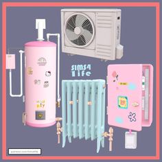 a pink and blue heater next to a radiator, refrigerator and other items