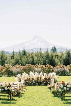 an outdoor ceremony setup with flowers and greenery in front of a snow - capped mountain