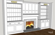 a drawing of a fireplace in a room with white cupboards and shelves on either side