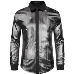 The button-down shirts are long sleeves, stylish party glitter shirts. The long-sleeved button-down shirts are of shiny design, making your outfit more eye-catching and stylish. You can pair the shiny shirts with dark jeans, and shiny coats to make a cool party look. The metallic shirts are perfect for weddings, nights out, parties, festivals, holidays, nightclubs, etc. Metallic Shirt, Undershirt Tank Top, Metallic Shorts, Glitter Shirt, Disco Shirt, Metallic Party, Halloween Long Sleeve, Nightclub Party, Sequin Shirt